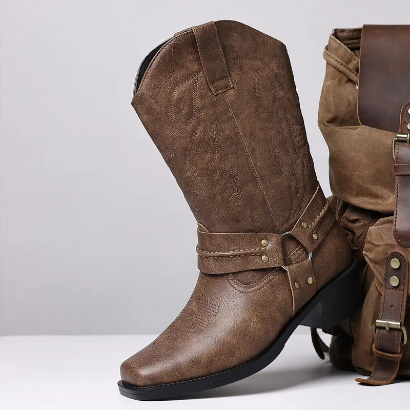 DINAOR Men’s Unique Motorcycle-Style Mid-Calf Boots with Buckle Strap Details and Side Zipper for Easy On/Off — Trendy Streetwear Boots