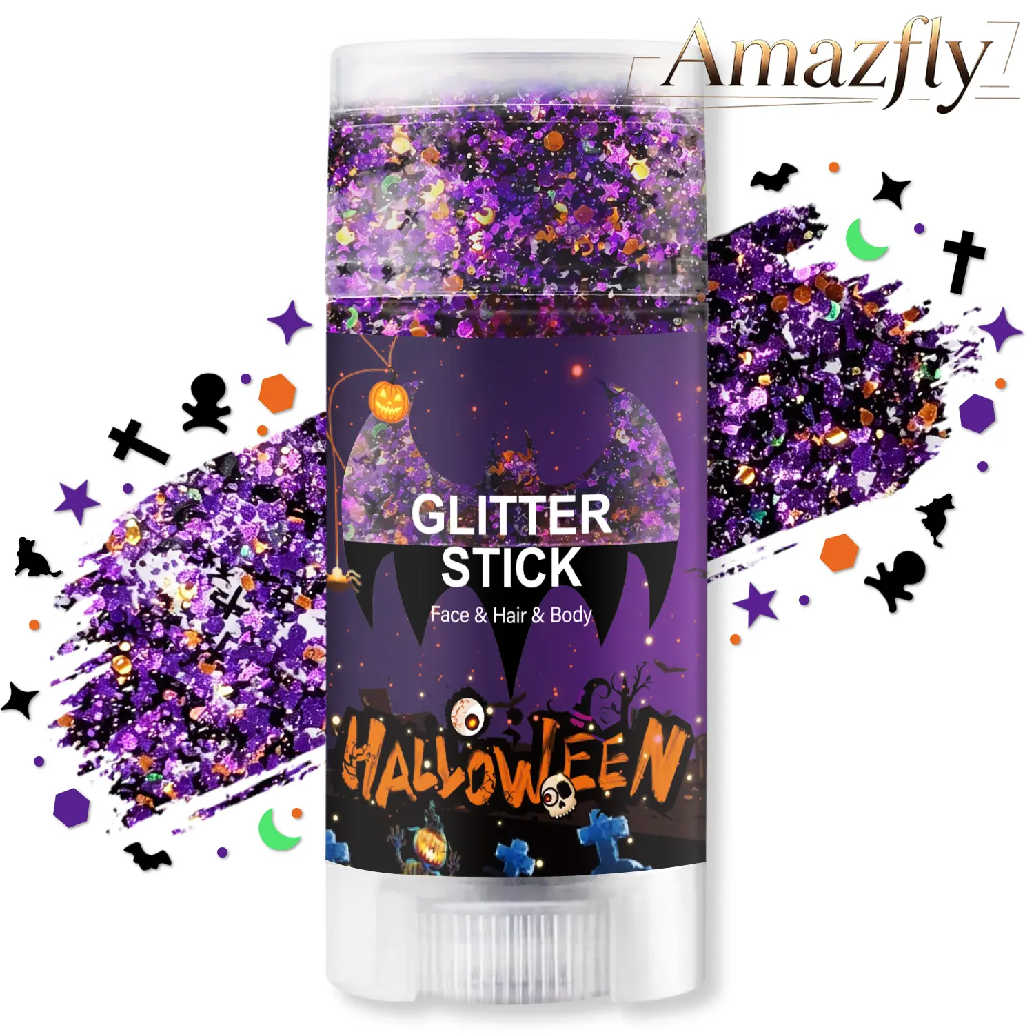 Halloween Body Glitter Stick, Chunky Glitter Gel for Face Hair & Body, Orange Purple Black Pumpkin Bat Skeleton Sequin Glitter Paint, Mess-Free Festival Carnival Makeup for Kids & Women