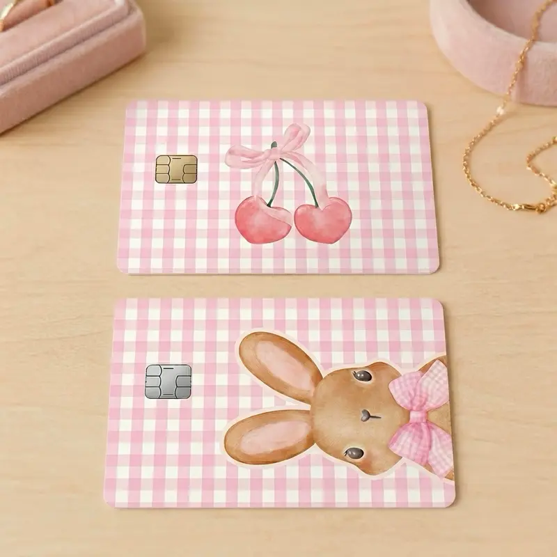 Cute Bunny & Cherries Coquette Card Sticker Cover - 3.37 in x 2.125 in Premium Water Resistant Vinyl Skin, Scratch-Resistant Laminated Shield for Standard Credit Cards, Scrapbooking DIY Accessory (Bunny, Animal Themes), Bunny Stickers