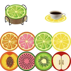8-Piece Colorful Fruit Diamond Painting Coaster Set, Coffee Table Mat, DIY Wooden Mosaic Art Kit with Storage Rack, Home Decor Craft Supplies