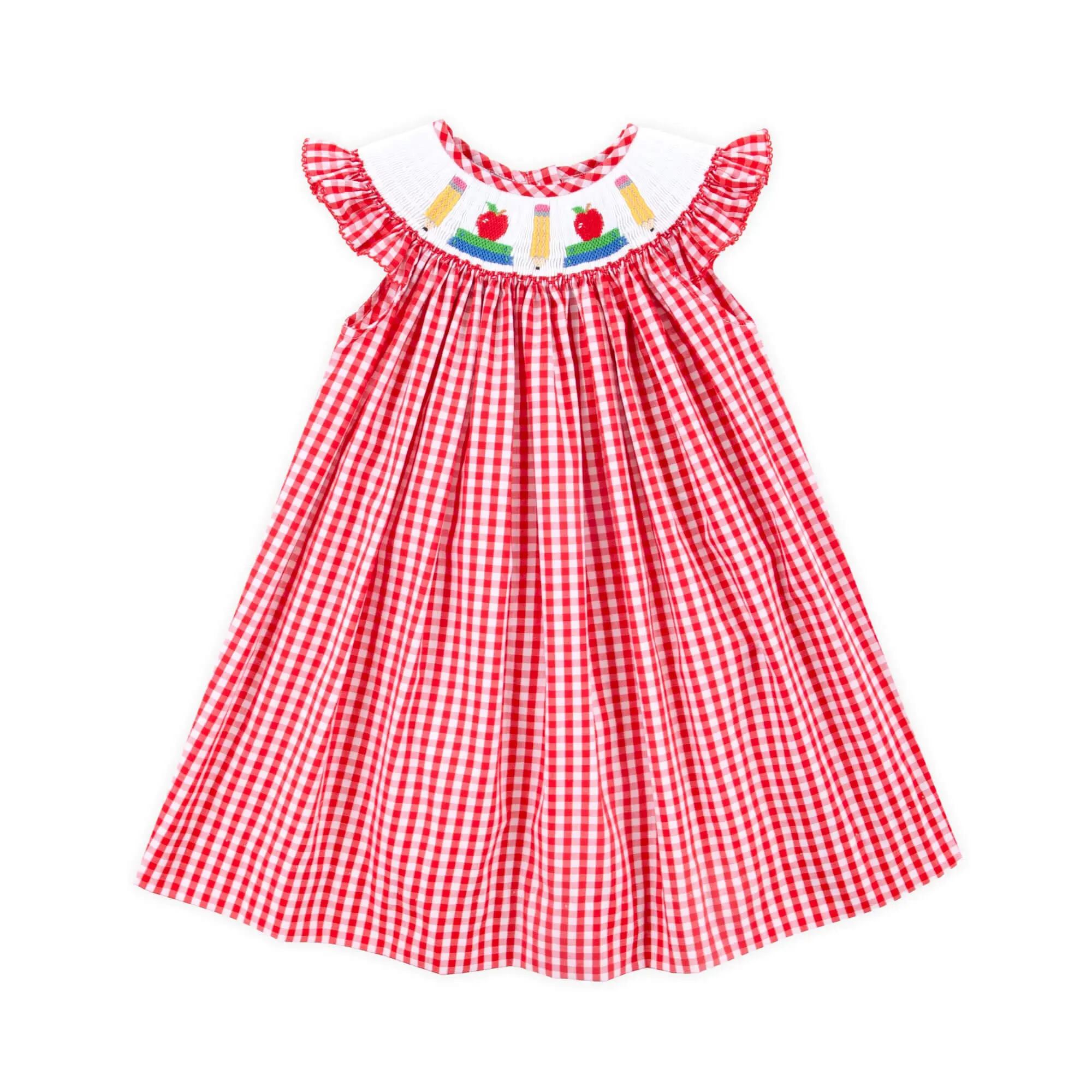 Bright School Year Smocked Red Gingham Angel Sleeve Dress - Back to School Outfit for Girls