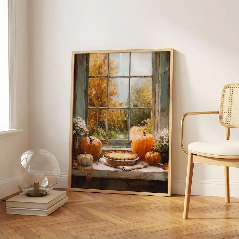 Autumn Window Pumpkin Print Poster, Cozy Fall Kitchen Decor, Halloween Harvest Wall Art, Rustic Farmhouse Autumn Decor, Fall Cottage Wall Print