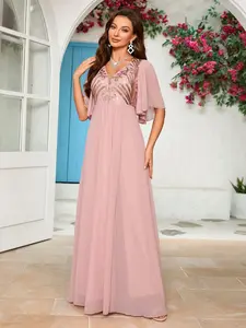 Elegant V-Neck Sequined Chiffon Trumpet Sleeve Dress, Waist-Tapered Draped A-Line Evening Party Gown, Non-Marking Flower Design