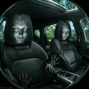 2-Pack Halloween Horror Face Car Headrest Covers, Spooky Ghost Print Auto Seat Head Protectors, Funny Prank Car Interior Decor Accessories