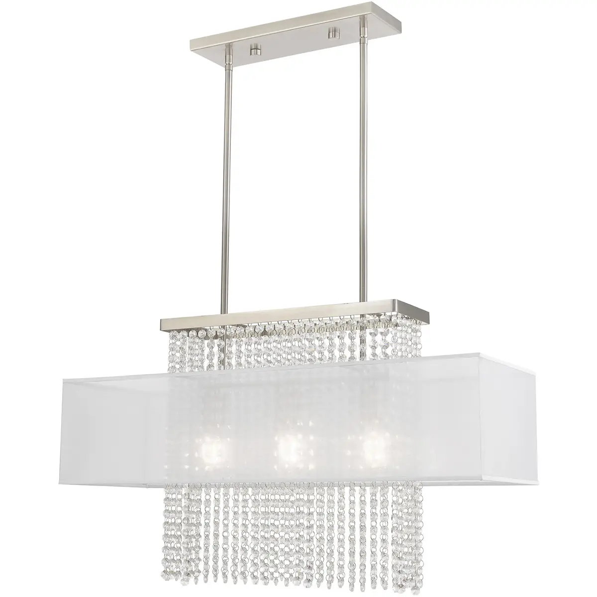 10 inch 3 Light Brushed Nickel Linear Chandelier with Clear Crystals/ Hand Crafted Translucent Fabric Shade