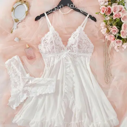 1 Count Women's Lace Lingerie Set, Nightgown Lingerie, Underwear, Spaghetti Strap V Neck Bow Detail Ruffle Hem Nightwear, Sheer Mesh Sleepwear With Matching Panty, Ruffled Loungewear For Bridal Honeymoon, Suitable For Valentine's Day