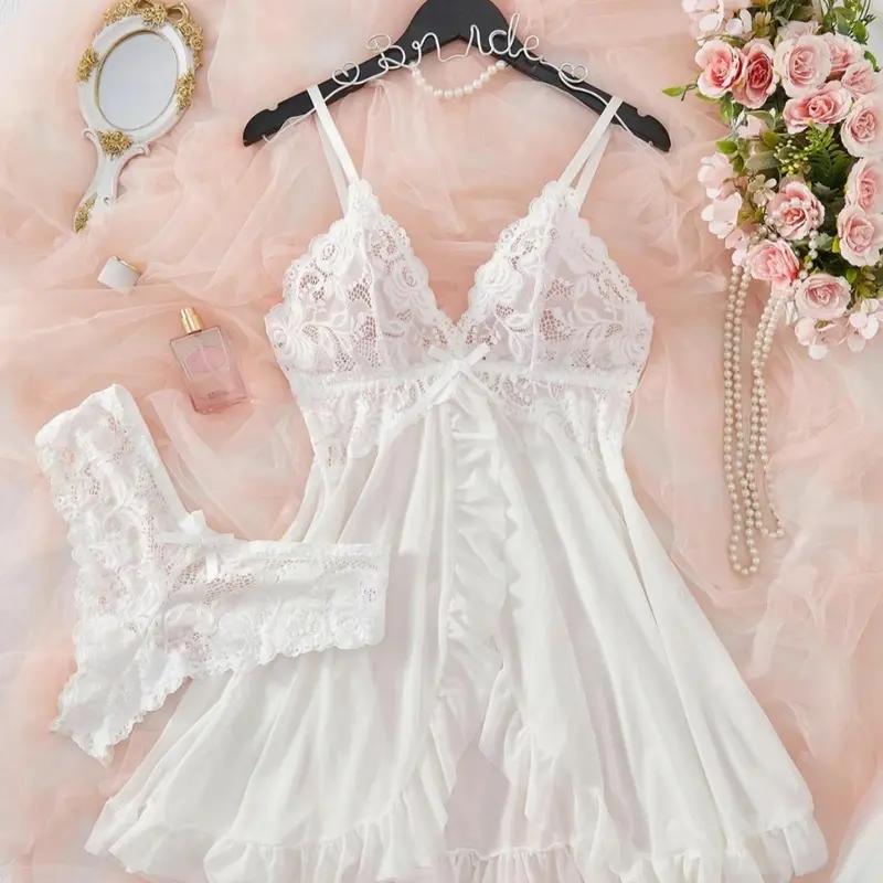 1 Count Women's Lace Lingerie Set, Nightgown Lingerie, Underwear, Spaghetti Strap V Neck Bow Detail Ruffle Hem Nightwear, Sheer Mesh Sleepwear With Matching Panty, Ruffled Loungewear For Bridal Honeymoon, Suitable For Valentine's Day
