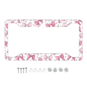 Trendy Style License Plate Frame Pink Bow Butterfly Print 4 Hole Premium Aluminum Alloy Rust-Resistant Cover Universal US Standard With Hanging Hardware Soft Girly Bow Pattern Car Decor Add Soft Girly Vibes To Your Car Pink Bow License Plate Frame