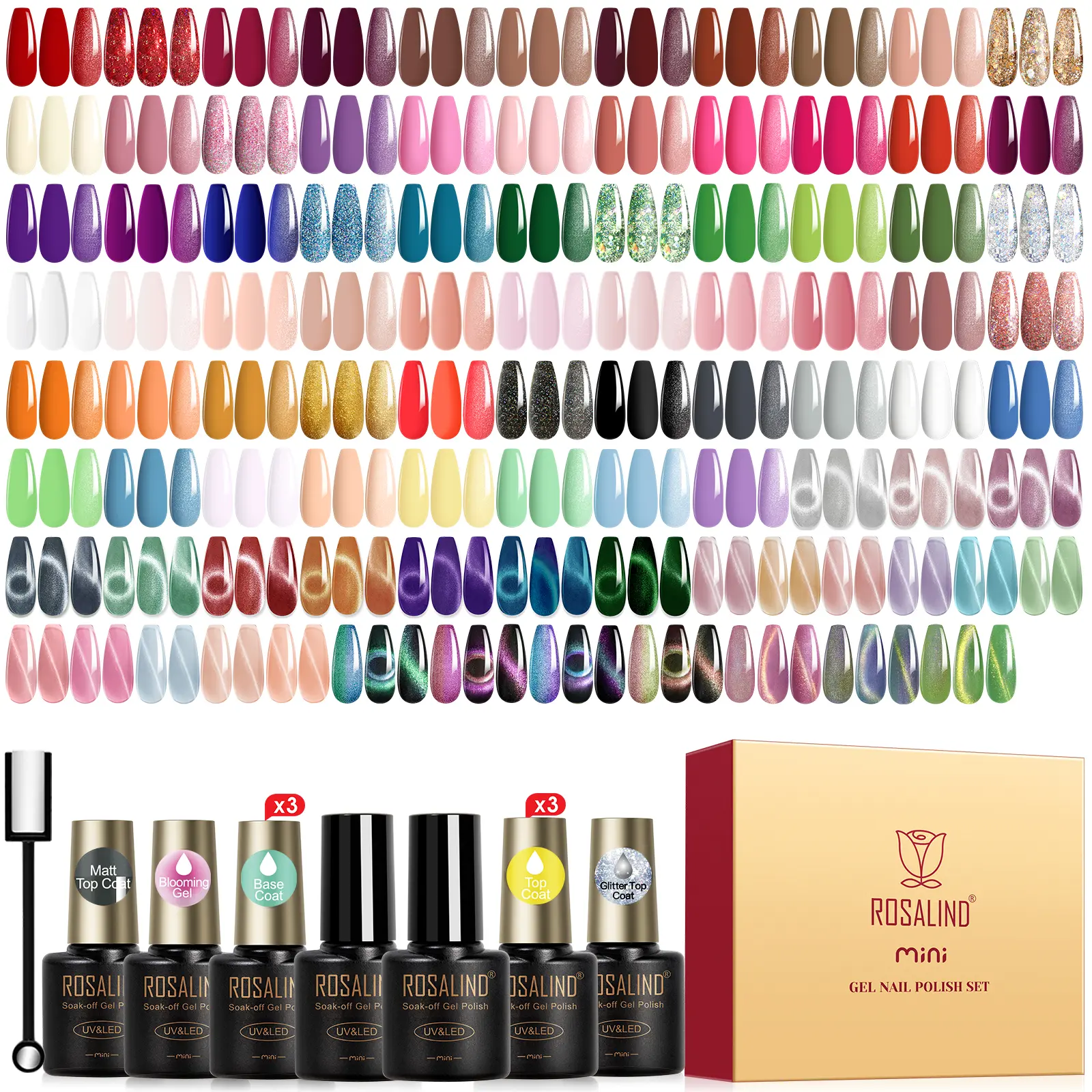ROSALIND 100pcs Gel Nail Polish Kit, 91-Color Set with Magnetic Cat Eye, Blooming Gel, Glossy/Matte/Glitter Top Coats & Base Coat – Red Nude Blue Shades for DIY Home Salon Use, Gift for Nail Art Enthusiasts