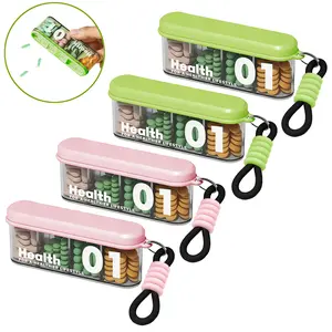 [Free!!ship] BMTWE Mini 4 Compartments Pillbox 4 PCS Portable Medication Holder Transparent Dual Sliding Self-Locking with Hanging Chain for Travel Business Outdoor Office Home