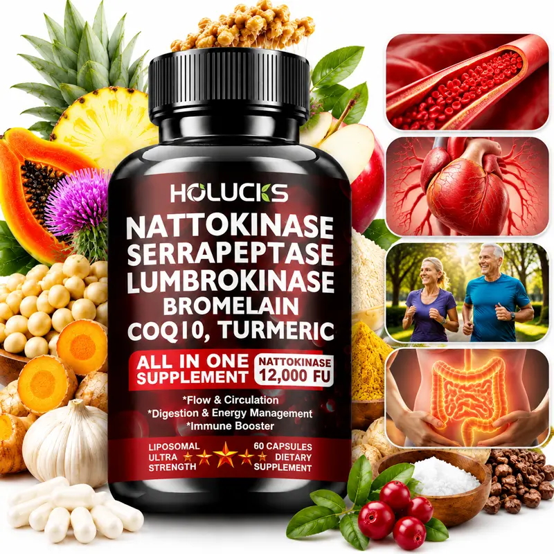 Nattokinase 12000 FU Complex Supplement with Serrapeptase, Lumbrokinase, Bromelain, CoQ10 & Turmeric, Supports Blood Flow, Circulation, Digestion & Immune Health, 60 Liposomal Capsules