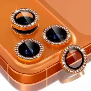 Sparkling rhinestone phone camera lens protector, compatible with all iPhone 17, 16, 15, and 14 series models.  Scratch-resistant and drop-proof Protective tempered glass phone camera lens protector (Orange) Cellphone Accessories