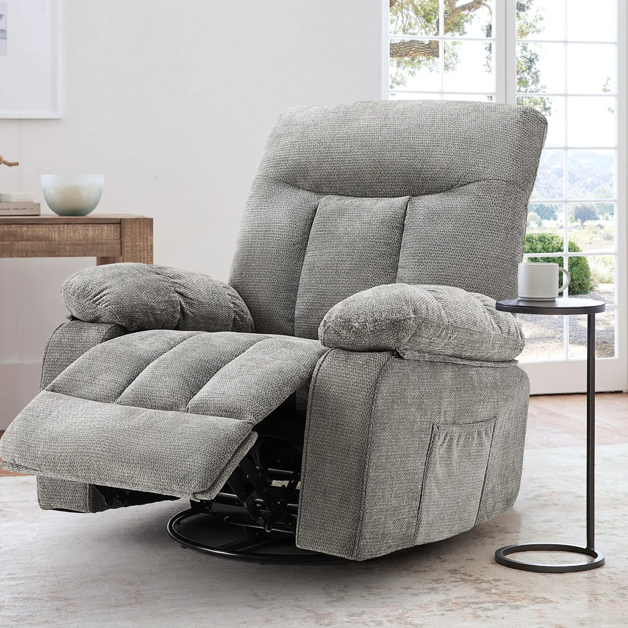 DUMOS Rocker Recliner Chair, Swivel Recliner with Vibration Massage & Lumbar Heating, 270° Rotating Chenille Fabric Recliner with footrest for Living Room & Bedroom