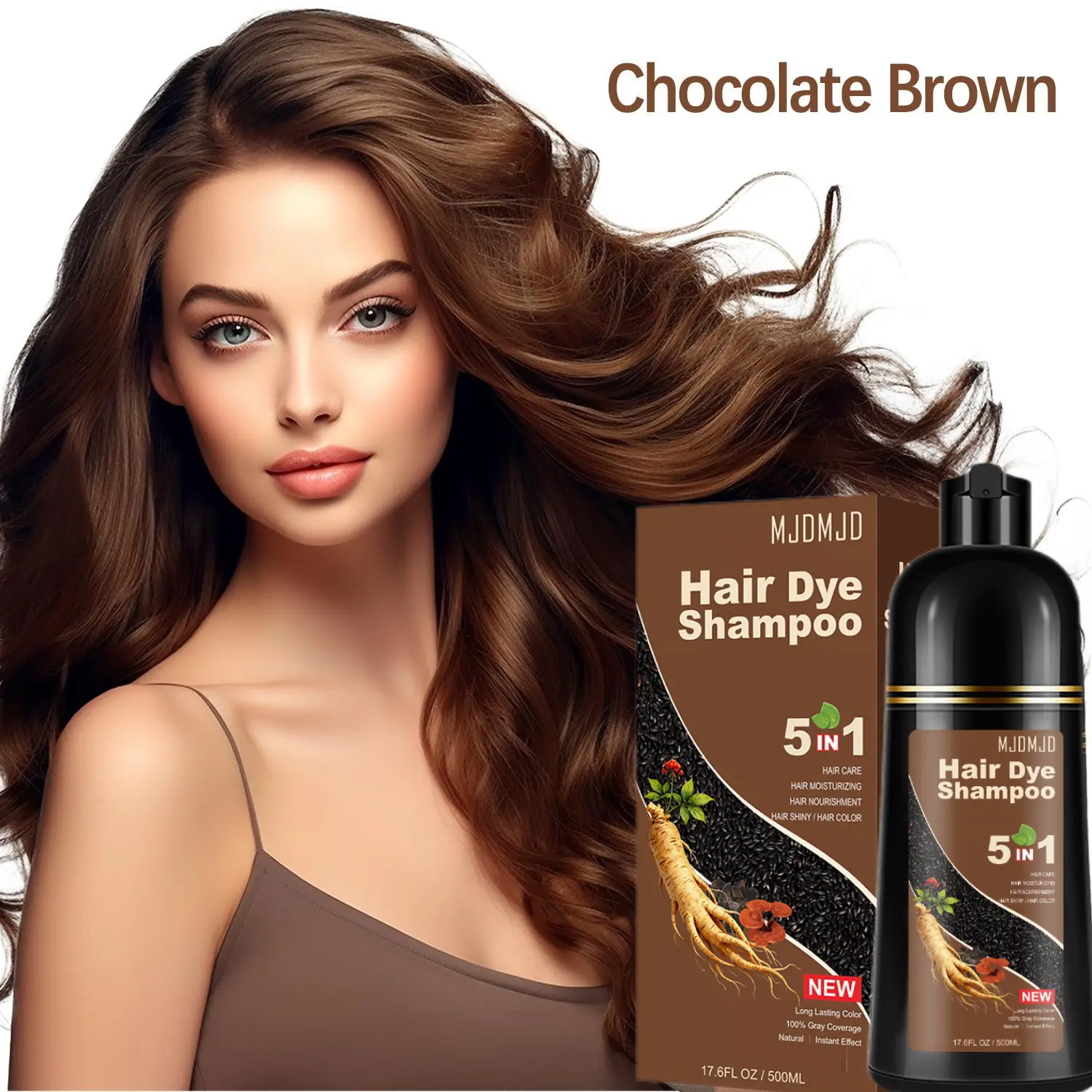 Chocolate Brown 5-in-1 At-Home Hair Dye Shampoo – Fast Gray Coverage, Cleansing & Conditioning in One Step, Long-Lasting Color with Natural Formula
