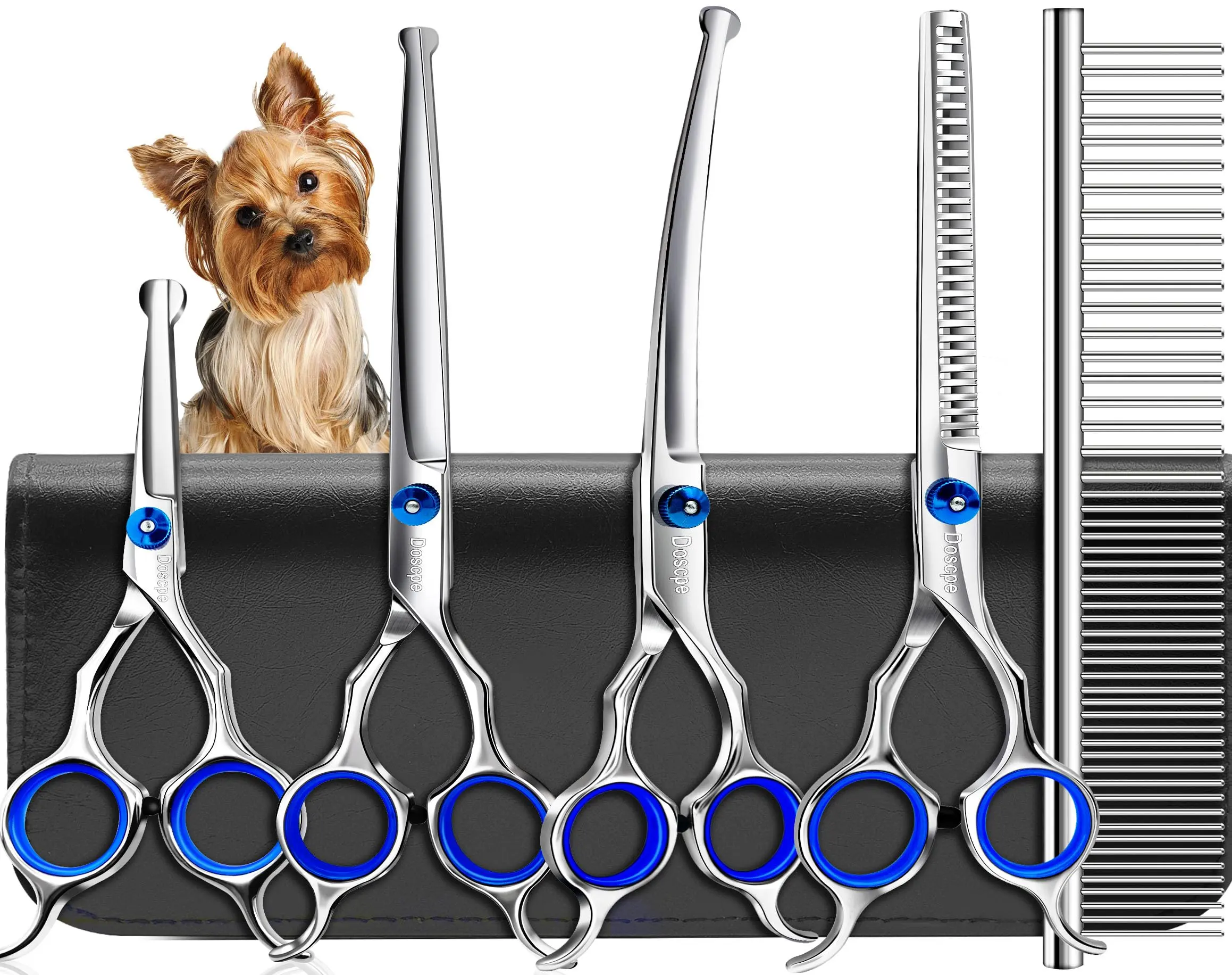 6 in 1 Professional Dog Grooming Scissors Set Pet Hair Cutting Shears Kit, Stainless Steel with Safe Rounded Tips for Dog Cat Other Animals, Right Left Handed