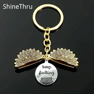 ShineThru Round Engraved Slogan Sunflower Keychain - 1pc, "Keep Going" Motivational Quote, Durable Stylish Metal Coating Design, Casual Fashion Accessory, Perfect Gift for Women, Graduation Gift