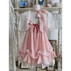 Japanese Fashion Sweet Cute 2 Piece Set Women Mini Lace Tops + Polka Dot Dress New Fit Chic Kawaii Fluffy Retro Suit Summer 2025