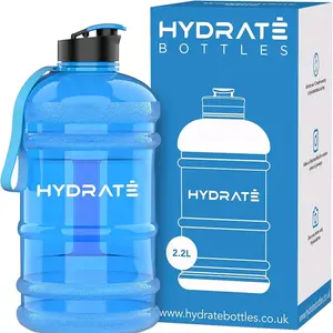 HYDRATE XL Jug 74 Oz Water Bottle BPA Free Leak Proof Flip Cap 2.2L Clear Container for Gym Sports Rugby Transparent Blue