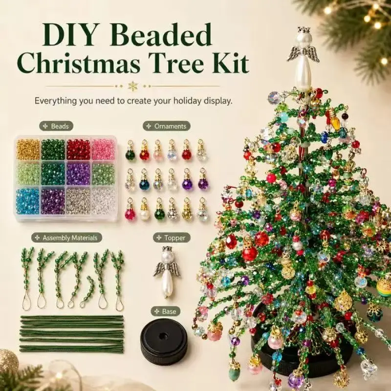DIY Beaded Christmas Halloween Tree Kit[Assembly Required], Crystal Christmas Craft Set with Colorful Beads, Ornament Charms, Metal Tree Frame & Angel Topper, Handmade Holiday Decor, Warm Glow Tabletop Decoration, Creative Christmas Gift