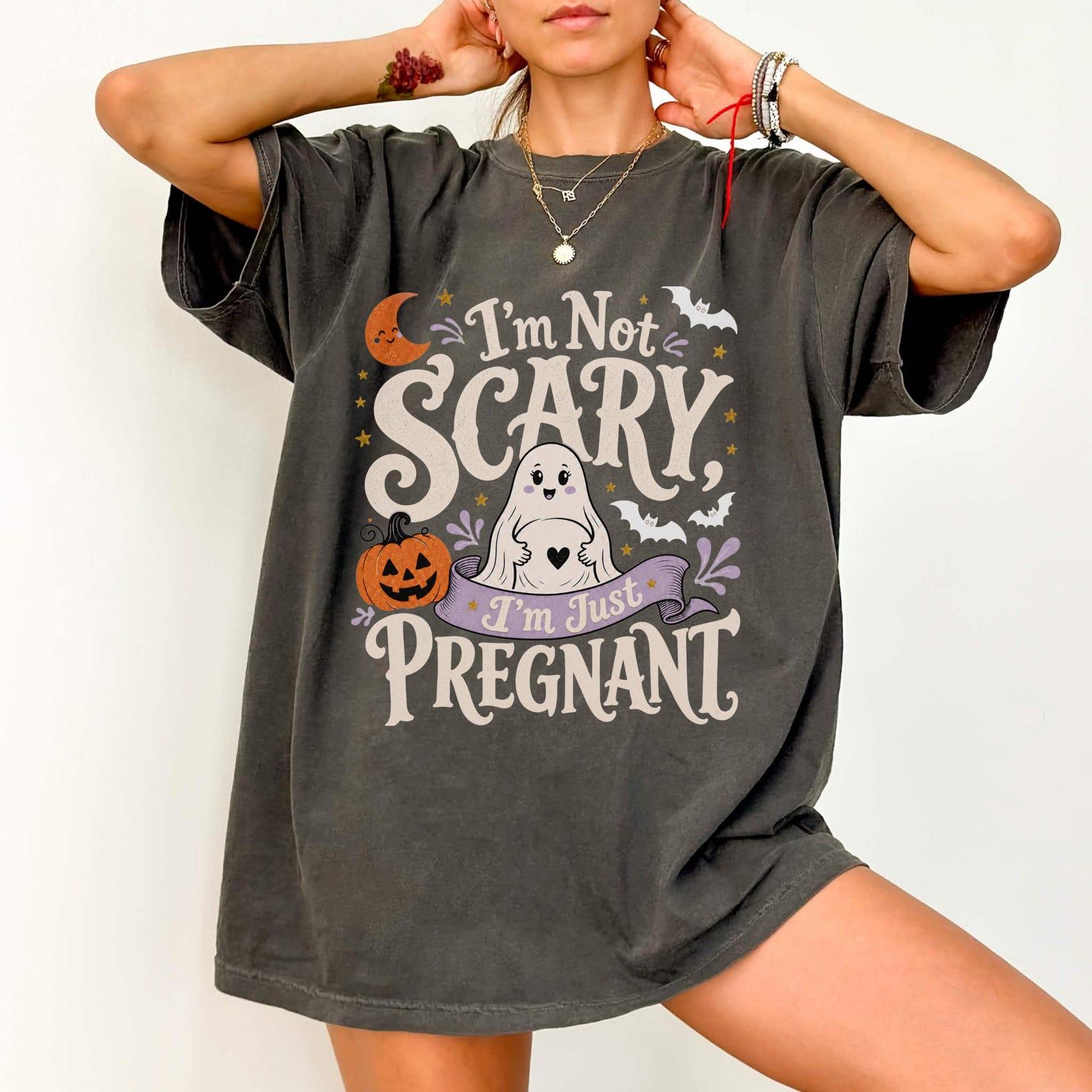 Funny Halloween Pregnancy T-Shirt, I’m Not Scary I’m Just Pregnant Graphic Tee, Spooky Maternity Shirt, Halloween Baby Announcement Gift
