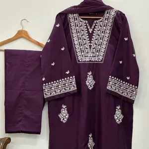 Purple Dazal Embroidery 3pcs Suit Size 42 M - Elegant Purple Color with Intricate Embroidery Design
