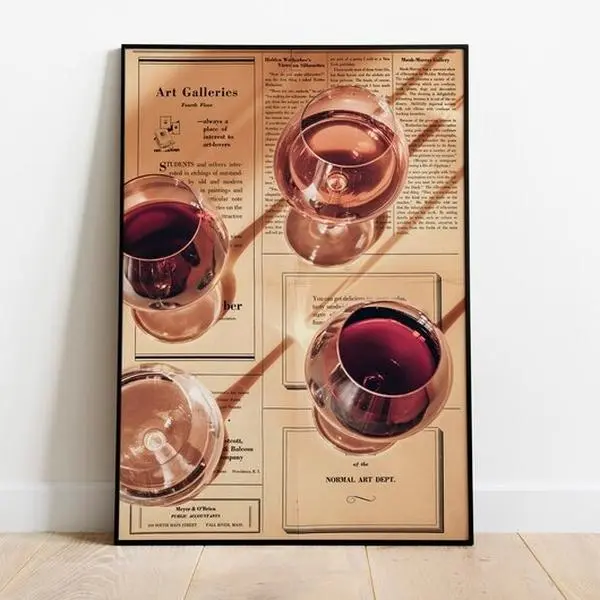Retro Wine Glasses Wall Art Poster, 70s Newspaper Style Print, Vintage Kitchen & Bar Decor 