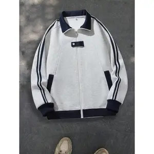 Men's Vintage Colorblock Hoodie, Autumn Winter Striped Patchwork Sports Jacket, Casual Zipper Top, Long Sleeve, Fitted Design, Casual Athletic Jacket