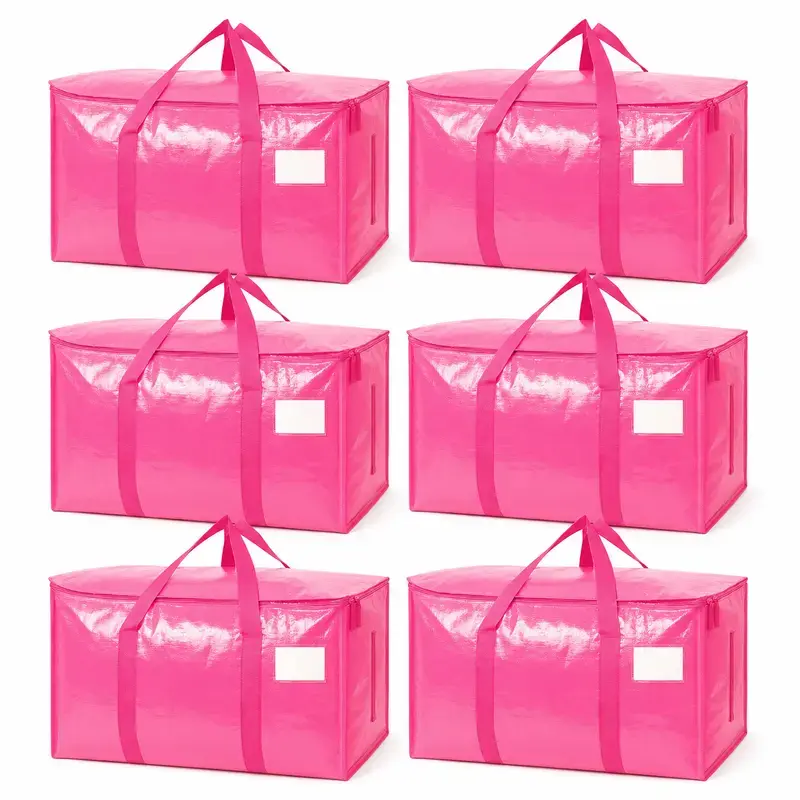 6-Pack Extra Large Waterproof Folding PE Fabric Moving & Storage Bags Bundles with Reinforced Zips, Heavy-Duty Pink Totes, Carry Handles & Label Pockets, Reusable Home Organizer for Moving & Closet Organization