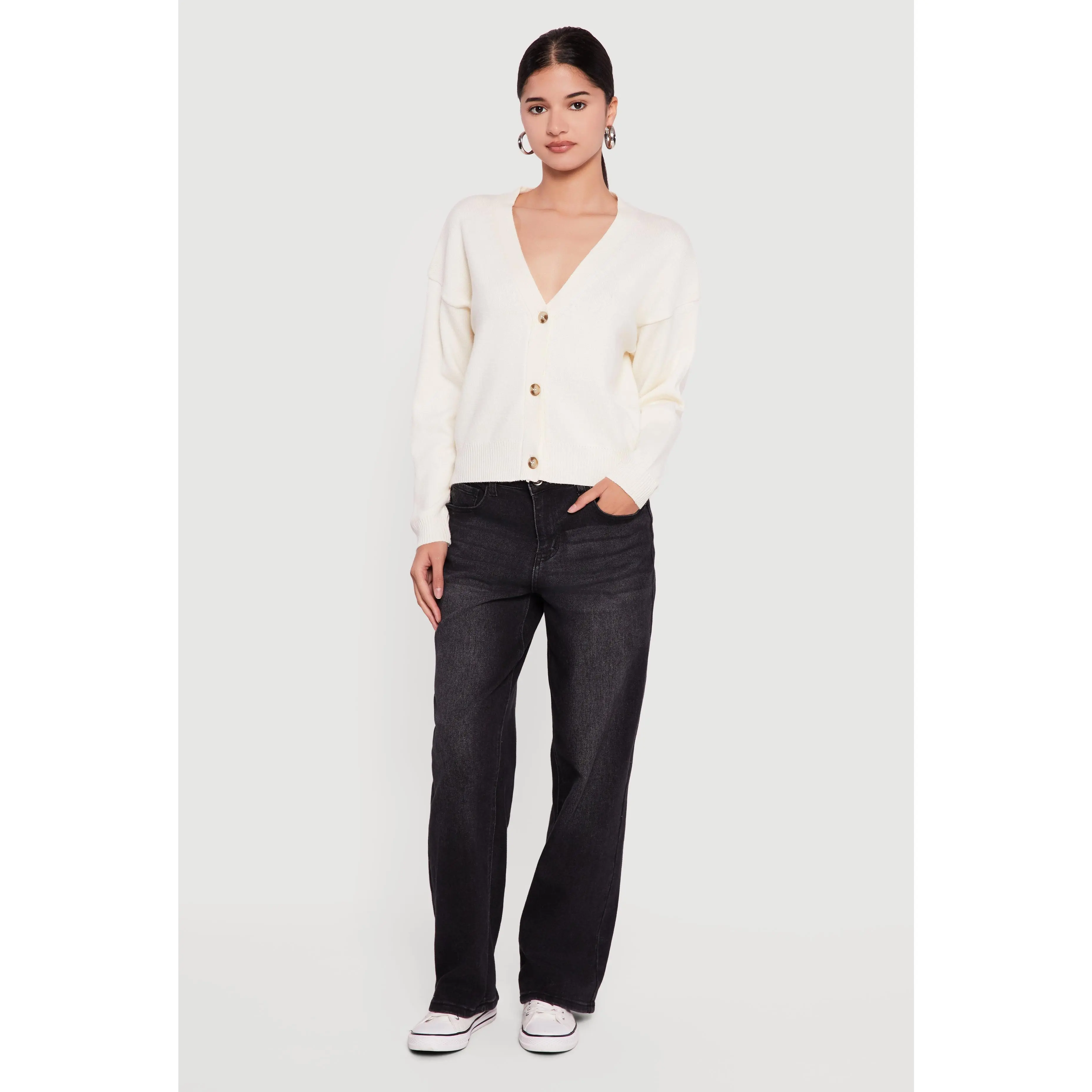 Button Front Long Sleeve V-Neck Cardigan