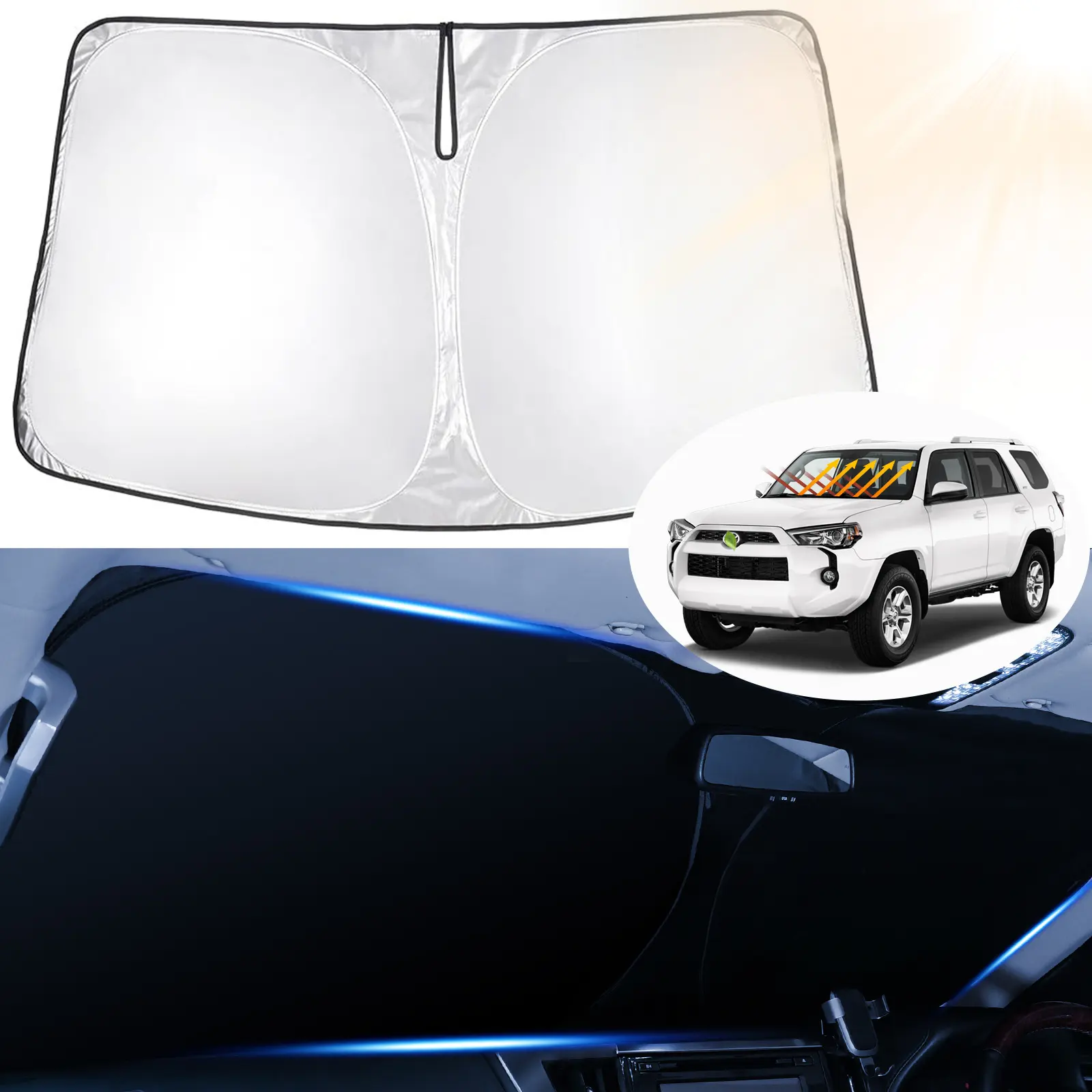Canvcle Custom Fit Protective Windshield Sun Shade Cover for Toyota 4Runner 2010-2026, Foldable Sun Visor, 5-Layer Black & Silver Reflective Fabric, 99% UV Block Front Window Cooler for Interior, Travel & Naps Use, Double Layer Enhancement