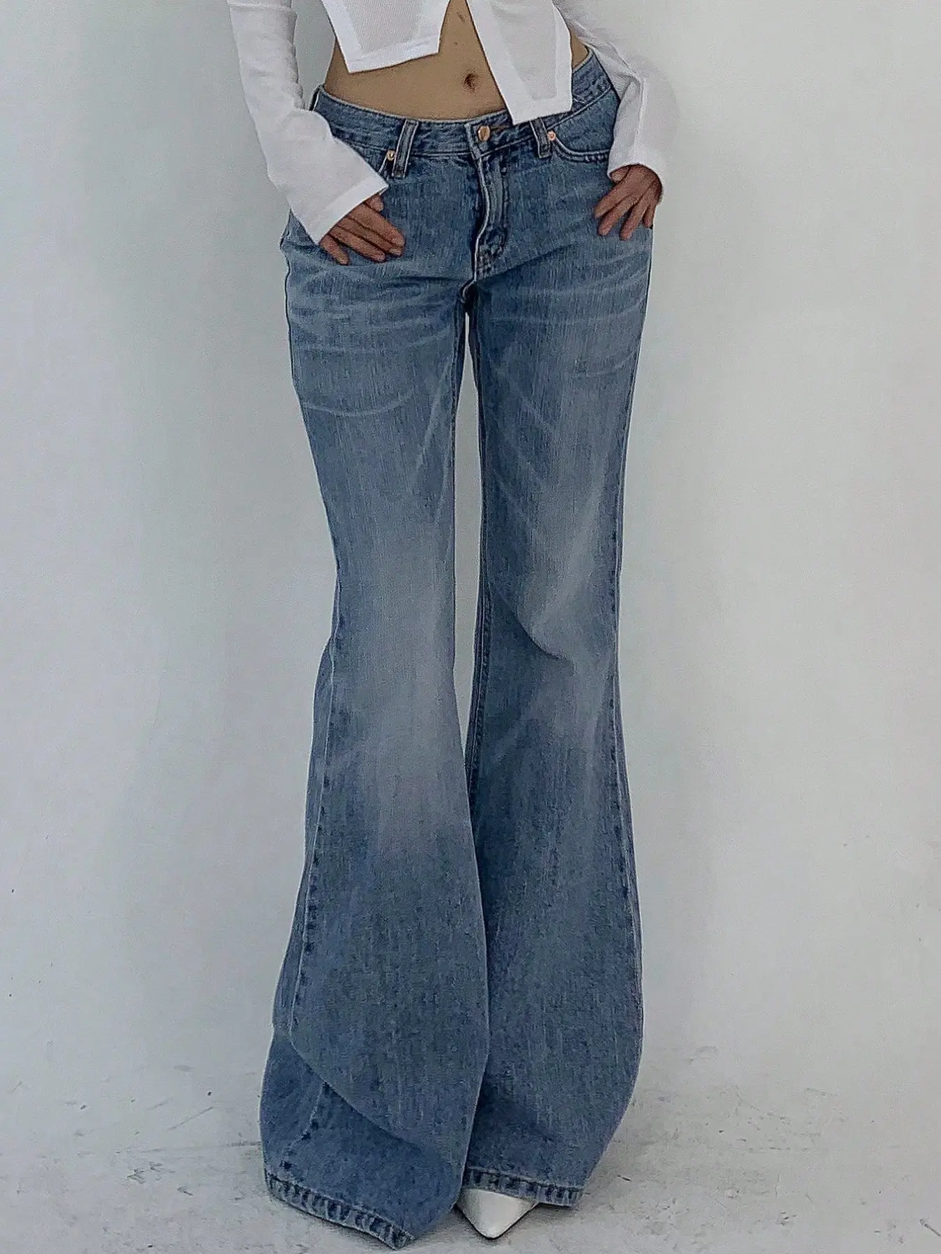 Vintage Flare Low Waist Jeans for Women, 2026 Spring New Arrival, Light Color Slim Fit, Long Pants with Frayed Edge, Button Fly Closure