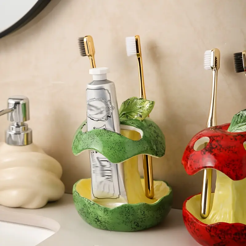 1 Fun Apple-Shaped Ceramic Toothpaste and Toothbrush Holder, Reusable, Suitable for Bathroom Vanity