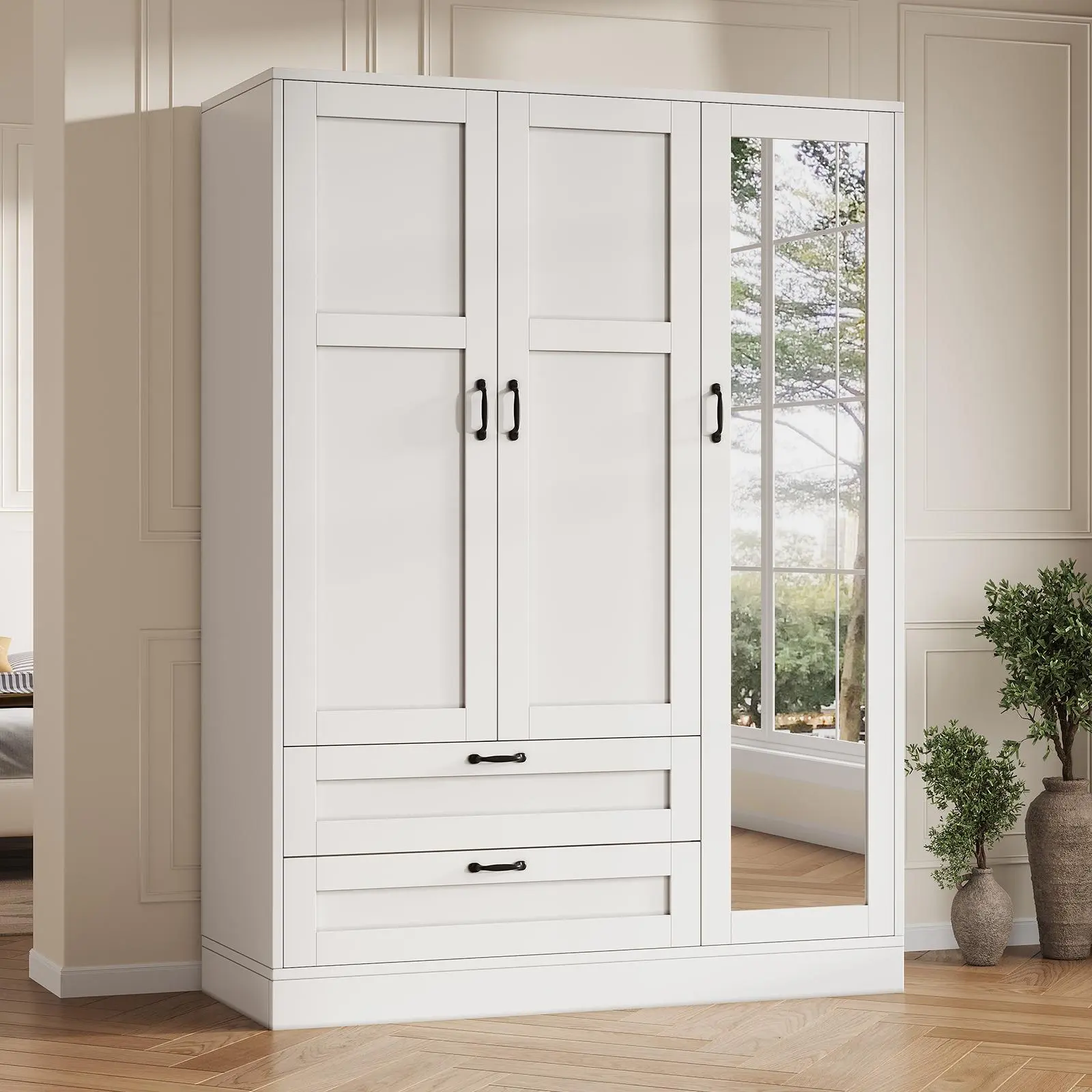 FUSOU 5-in-1 Freestanding Wooden Bedroom Armoire - White Wood Closet Organizer Cabinet with Full Body Mirror, 2 Drawers, Adjustable Shelves for Bedroom Storage (Shipped in 2 Packages), Modern SummerVibe Indoor Furniture