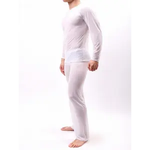 Men's Long Sleeve Pajamas Set, Sexy See Through Sleepwear Set, Men's Loungewear Set, Round Neck Tops & Pants