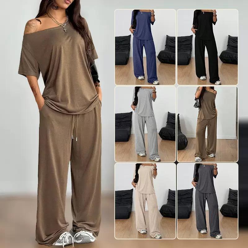 2pcs/Set Women's Minimalist Basic Daily Wear Everyday Going Out Sport Comfortable Off Shoulder T-Shirt And Wide Leg Pants Two Pieces Outfits
