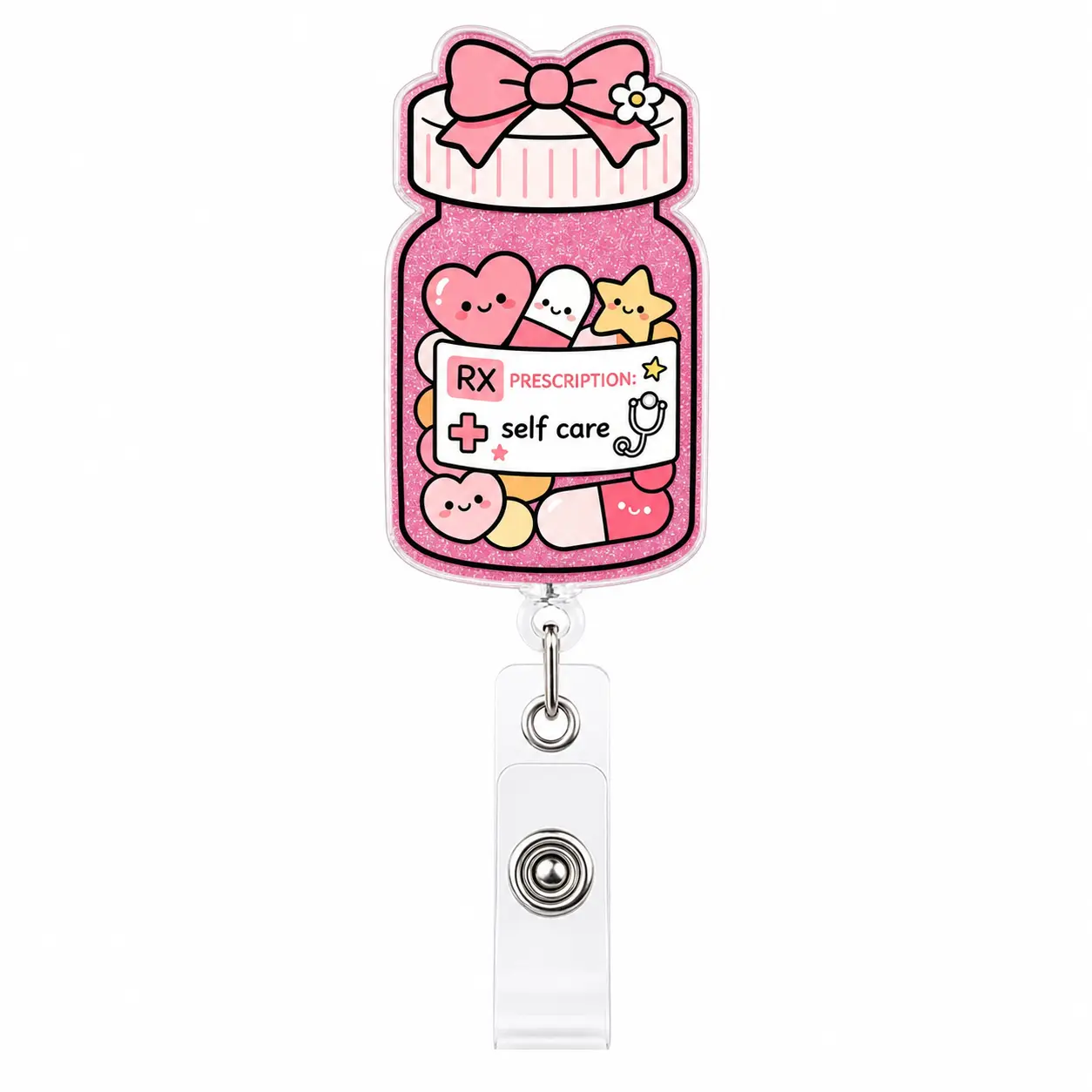 Pink RX Funny Nurse Badge Reel, Cute Medical Bottle Flower Retractable ID Card Badge Holder, Name Tag Medical Work Badge Clip for Pharmacist RN LPN CNA CRNA MD DO PA NP Pharmacy Tech Student Clinics