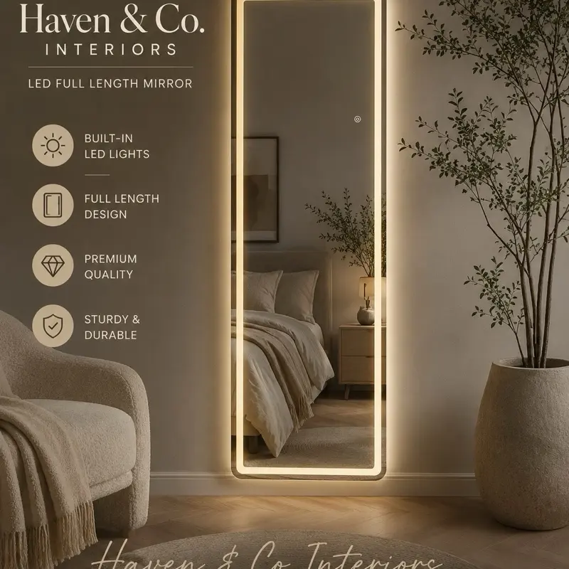 Full Length Led Lights 64"x21" Mirror Standing Hanging or Wall-Mounted Mirrors with Stand Aluminum Alloy Frame For Home