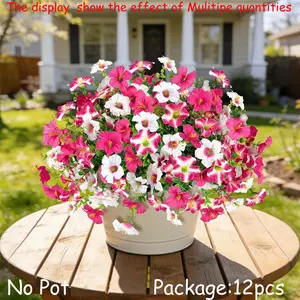 12PCS Artificial Flowers for Outdoors, Artificial Petunias with Eucalyptus, UV Resistant, Decorative Fake Flowers for Outside Use in Pot, Front Door, Porch, Hanging Basket and Other Outdoor Spaces, Artificial Hanging Plants