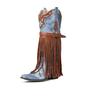 VIMISAOI Mid Calf Boots for Women Pointed Toe Chunky Block Heels Tassel Fringe Western Cowboy Boot Buckle Strap Pull on Cowgirl Booties Summer Boots