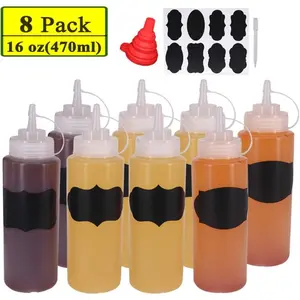 8pcs Durable 12oz Squeeze Bottles, with extra 1 Silicone Funnel, 8 Chalk Labels and 1 Pen | Easy Dispense, Ideal for Ketchup, Mustard, Soy Sauce | Perfect for Home and Restaurant Kitchens, Condiment Bottles
