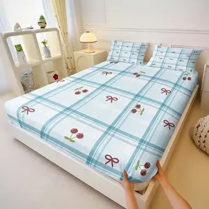 2- or 3-piece blue-and-white checkered cherry and bow Fitted Sheet Set; cute cartoon-style printed bedding with zipper closure; simple, all-season bedding; Bedding Sheets; does not include a duvet insert