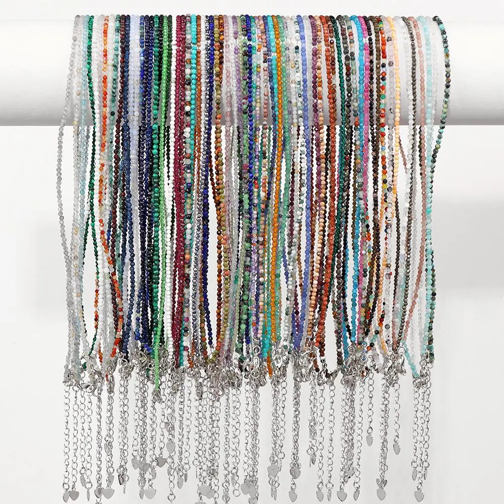 Natural Faceted Gemstones Necklace 2mm Beads Quartz Crystal Tourmaline Lapis Shining Stone Beaded Necklace Choker Jewelry