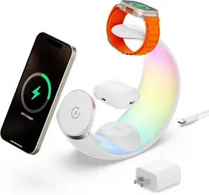 4-in-1 wireless charging dock for Apple devices, featuring LED RGB lighting, supporting the entire iPhone series (16/15/14/13/12/11/9/8), Apple Watch, and AirPods/AirPods Pro.