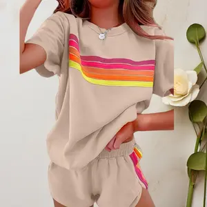 Rainbow Stripe Casual Set | Sporty Short Sleeve Shorts | Oversized Rainbow Stripe Two-Piece Set | Trendy Loose Fit | Color Block Stripe Casual Set | strip accent basic minimalist clothes womenswear suit long winter big brands fall season wear