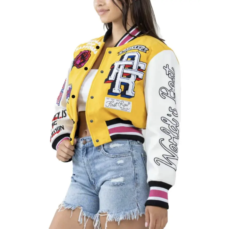 Vibrant Letter & Flower Pattern Crop Bomber Jacket - Stylish Long Sleeve Color Block Outwear with Casual Chic Design for Spring & Fall Seasons - Women's Fashionable Clothing for Everyday Wear
