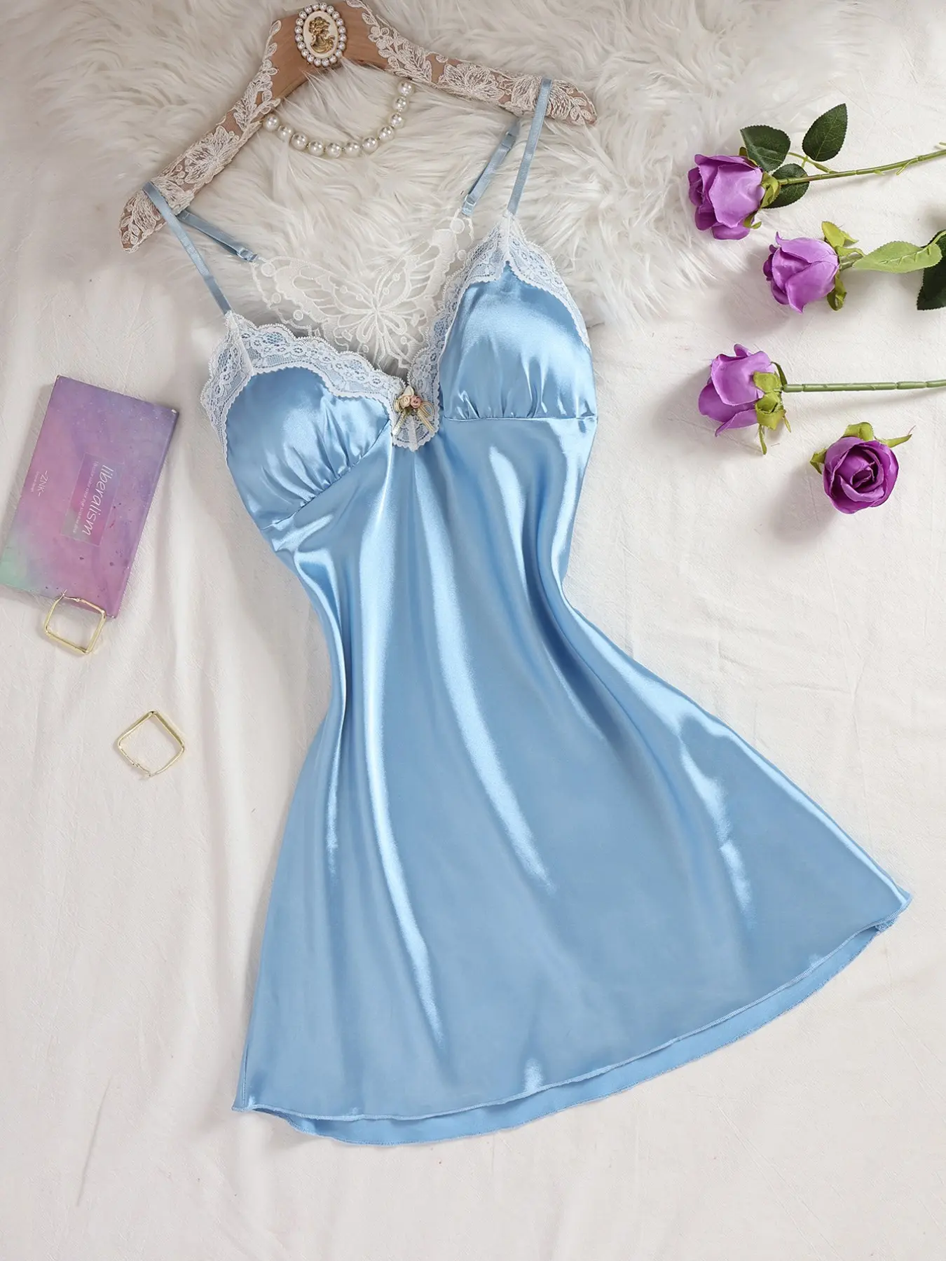 Comfortable Satin Halter Lace Trim Nightdress V-Neck Sleeveless Sleepwear, Loungewear, Casual Wear, 2 Colors Available, Sizes M-Xl