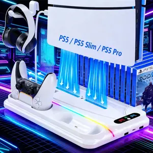 Ponkor PS5 Cooling and Charging Dock, Compatible with PlayStation 5 Standard, Slim and Pro Consoles (Disc & Digital), Adjustable 3-Speed Cooling Fan, 8 Modes Dynamic RGB Lighting, Headset Hook & 3 USB Hubs Wearable controller ps5 accessories