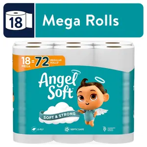 Angel Soft 2-Ply Toilet Paper - 18 Mega Rolls - Soft but Strong - Very Soft, Strong - Wipes