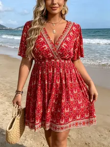 Plus Size Wine Boho Dress, Bohemian Vintage Ethnic Print, V Neck Batwing Sleeve, Waist Cinch, a Line Short Dress, Comfortable & Stylish, Flowy Summer