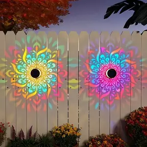 2-Pack Solar Mandala Projector Wall Lights, Waterproof Metal Outdoor Fence Lights, Decorative LED Projection Lamps, Weatherproof Ambient Lighting for Garden, Patio, Backyard and Courtyard Decor